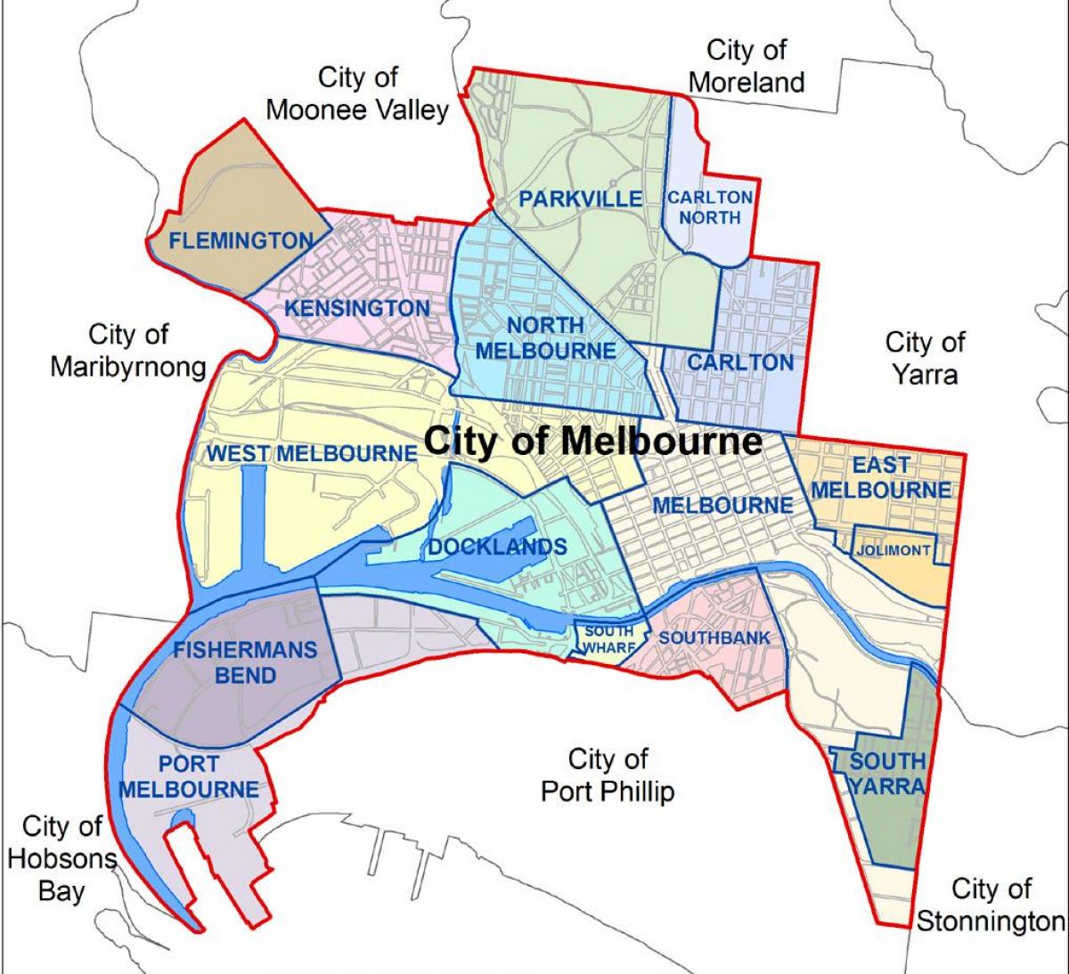 karte Melburnā un apkārtējo priekšpilsētas